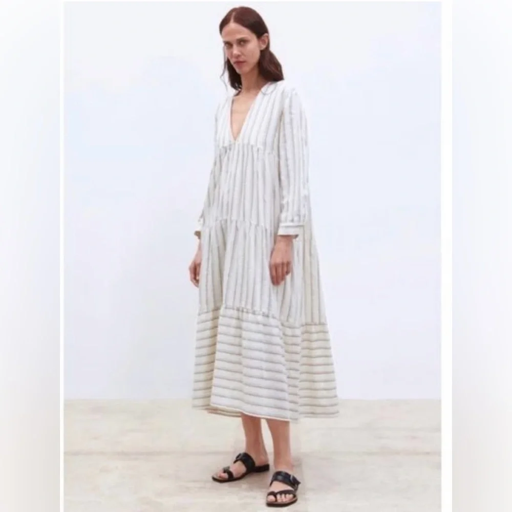 ZARA Striped White & Brown Tiered V Neck Midi Dress Linen Blend Size Medium - Picture 1 of 5